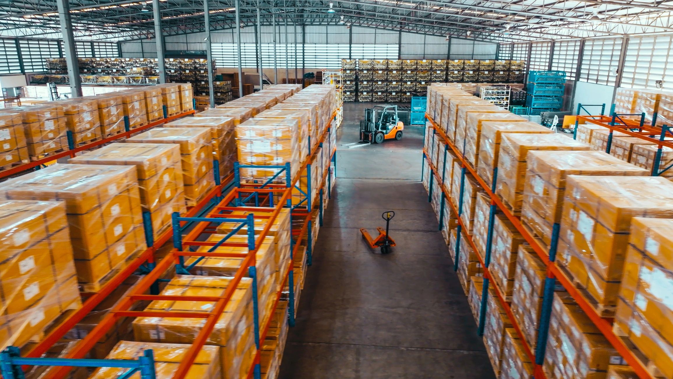 Warehouse shelves representing organized trailer parts inventory